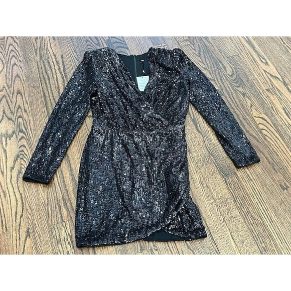 Generation Love Miley Sequin Dress‎ Faux Wrap Surplice Long Sleeves Black XS NEW